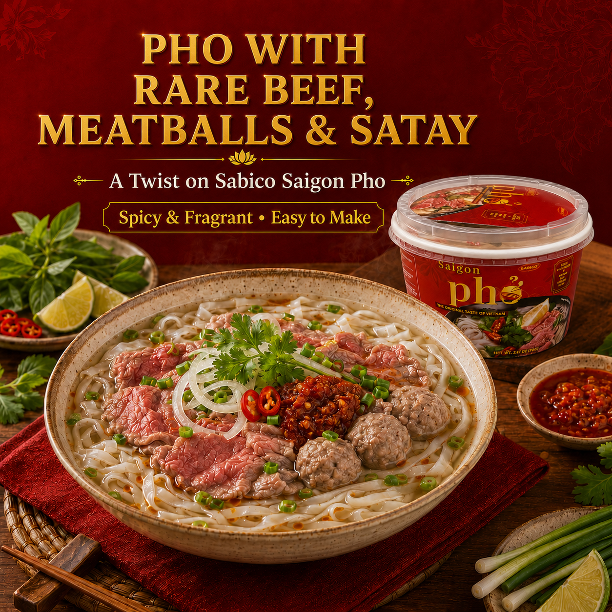 Pho with rare beef, meatballs & satay