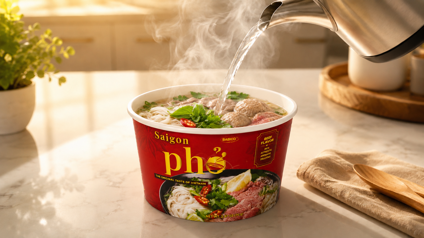 Pour hot water into the Sabico Saigon Pho bowl