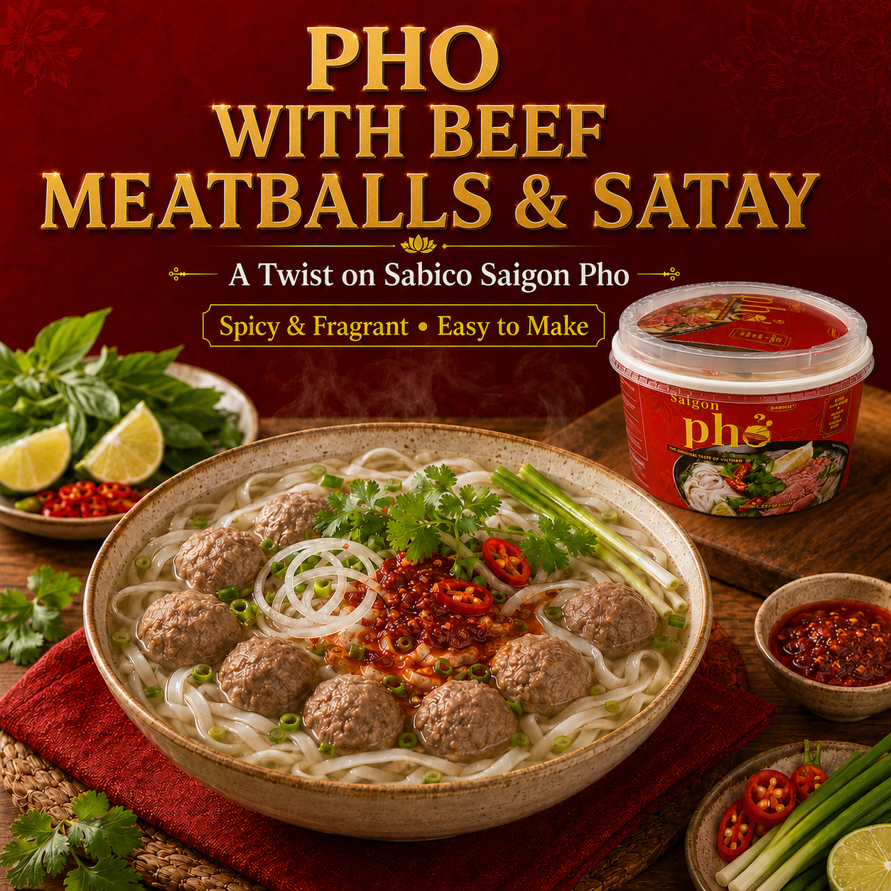 Pho with beef meatballs & satay