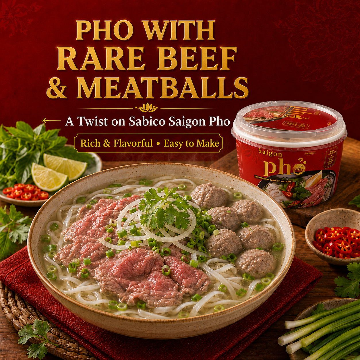 Pho with rare beef & meatballs