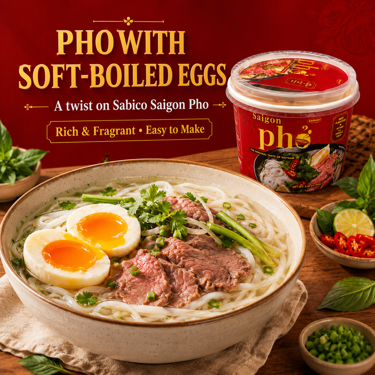 Pho with soft-boiled eggs