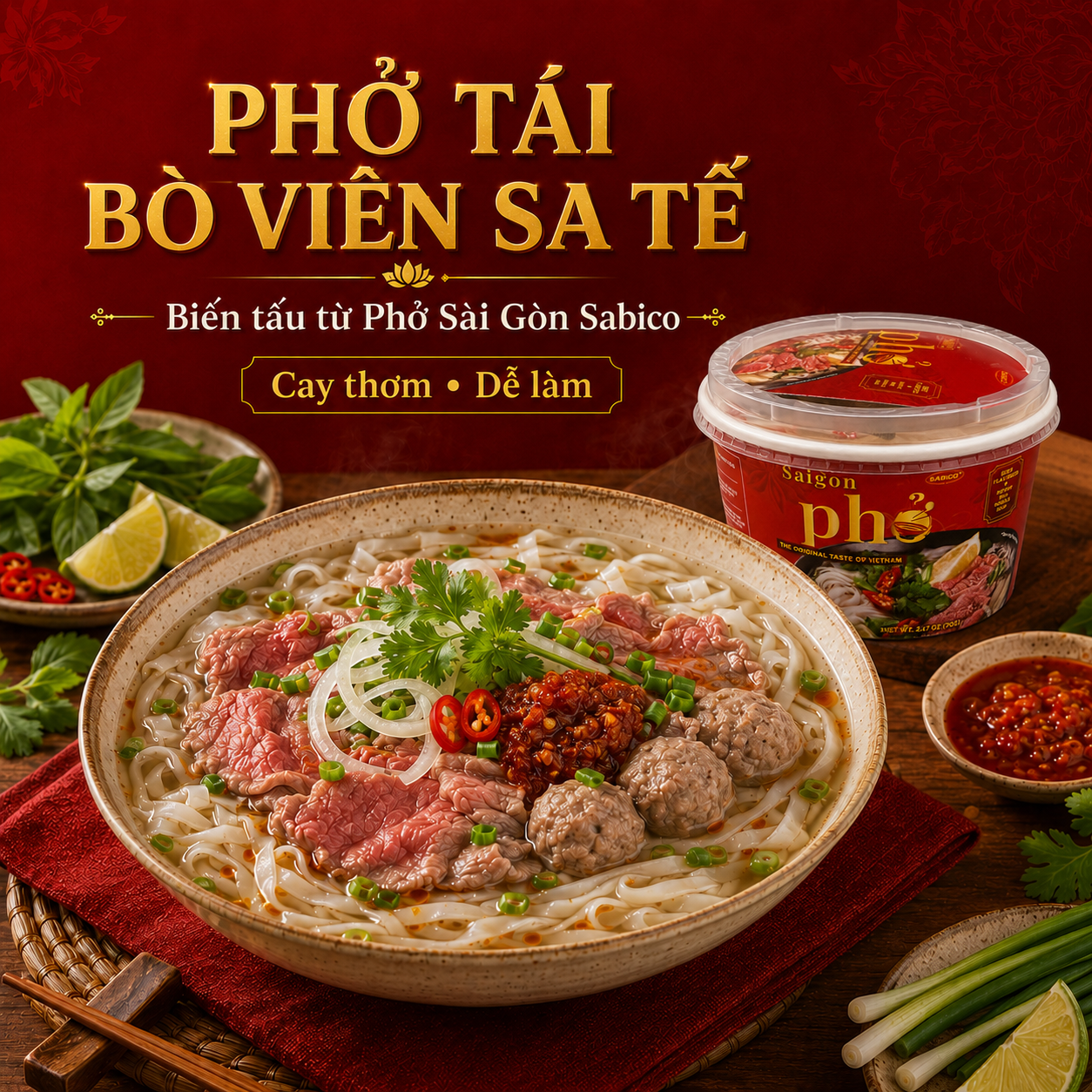 Phở tái bò viên sa tế