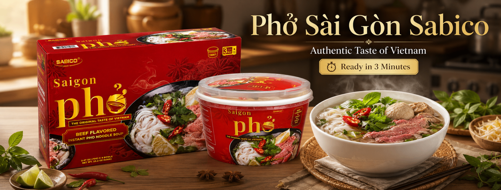 Sabico Saigon Pho — 9-bowl box, sealed bowl and prepared serving bowl